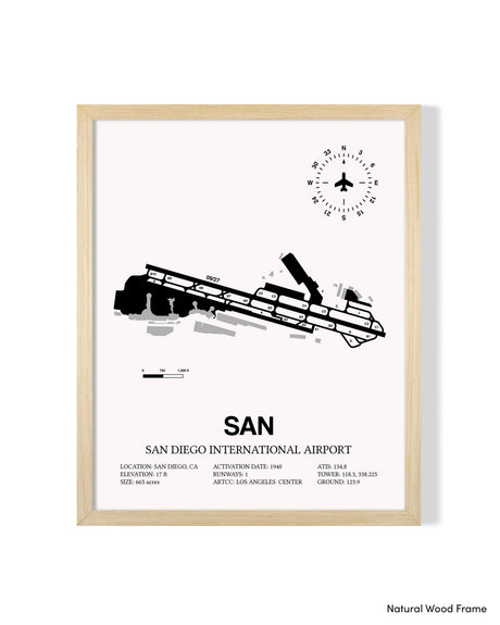 Detailed Airport Map of San Diego International Airport (SAN) in White with a Natural Frame