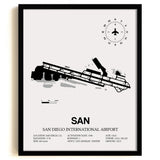 Framed Detailed Airport Map of San Diego International Airport (SAN) in White with a Black Frame