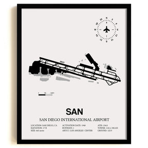 Framed Detailed Airport Map of San Diego International Airport (SAN) in White with a Black Frame