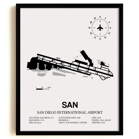 Framed Detailed Airport Map of San Diego International Airport (SAN) in White with a Black Frame