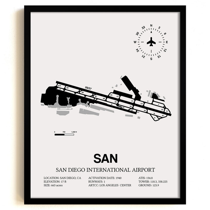 Framed Detailed Airport Map of San Diego International Airport (SAN) in White with a Black Frame