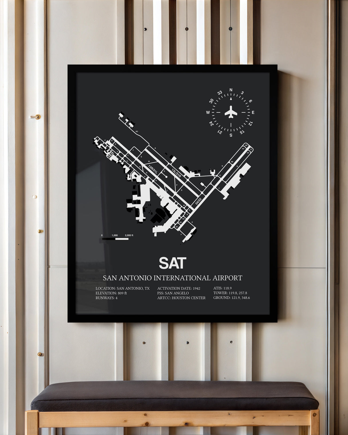 Framed Detailed Airport Map of San Antonio International Airport (SAT) in Gray with a Black Frame