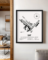 Framed Detailed Airport Map of San Antonio International Airport (SAT) in White with a Black Frame