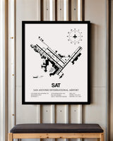 Framed Detailed Airport Map of San Antonio International Airport (SAT) in White with a Black Frame