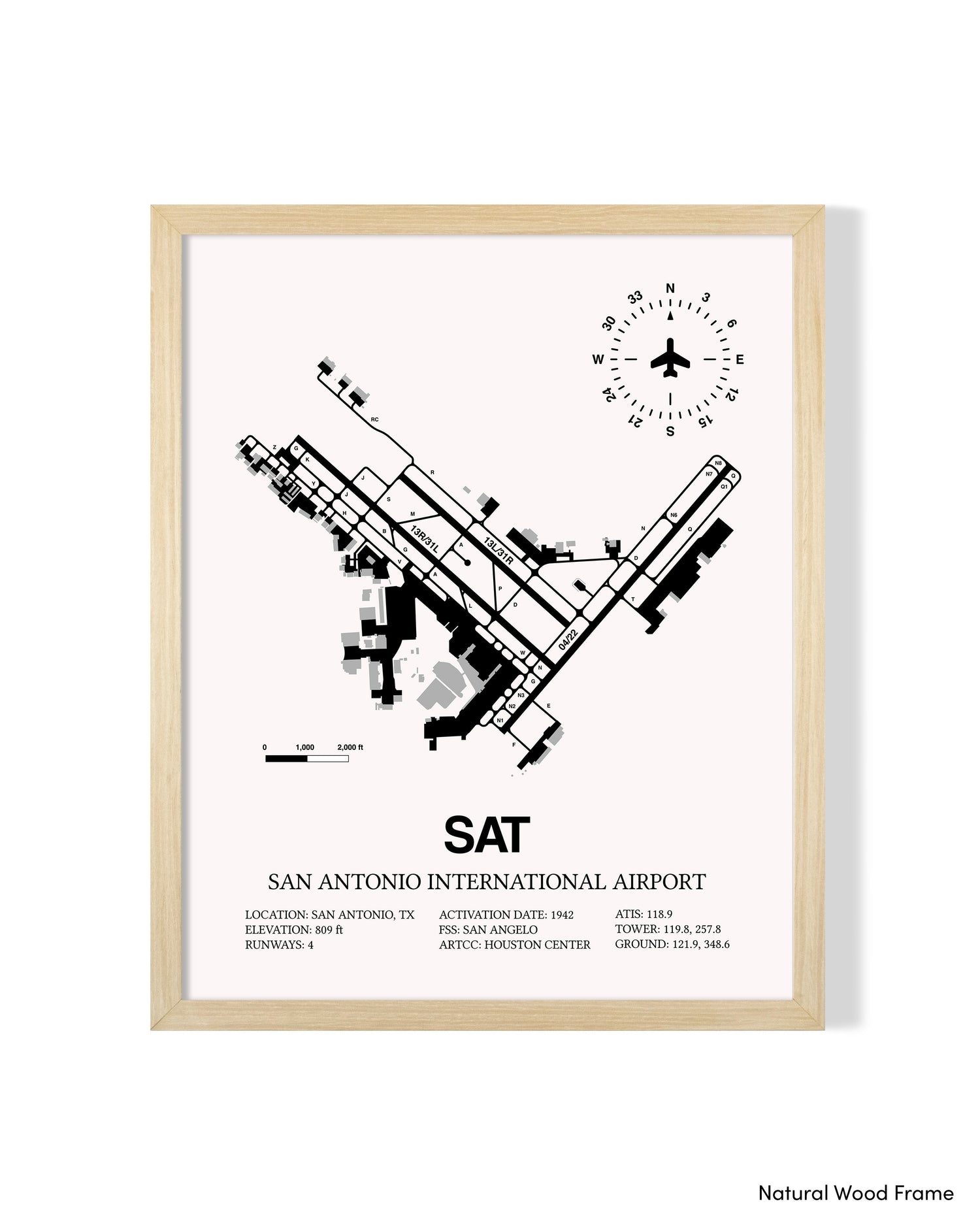 Detailed Airport Map of San Antonio International Airport (SAT) in White with a Natural Frame
