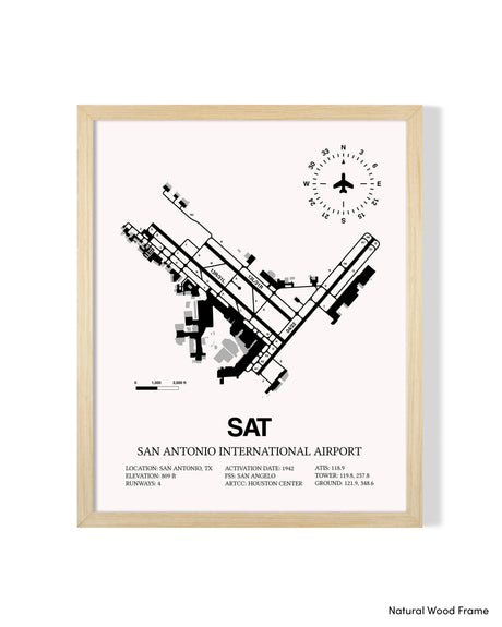 Detailed Airport Map of San Antonio International Airport (SAT) in White with a Natural Frame