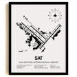 Framed Detailed Airport Map of San Antonio International Airport (SAT) in White with a Black Frame