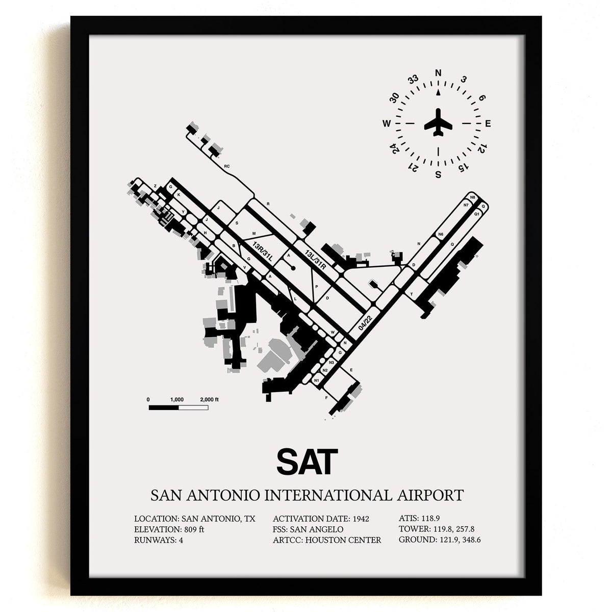 Framed Detailed Airport Map of San Antonio International Airport (SAT) in White with a Black Frame