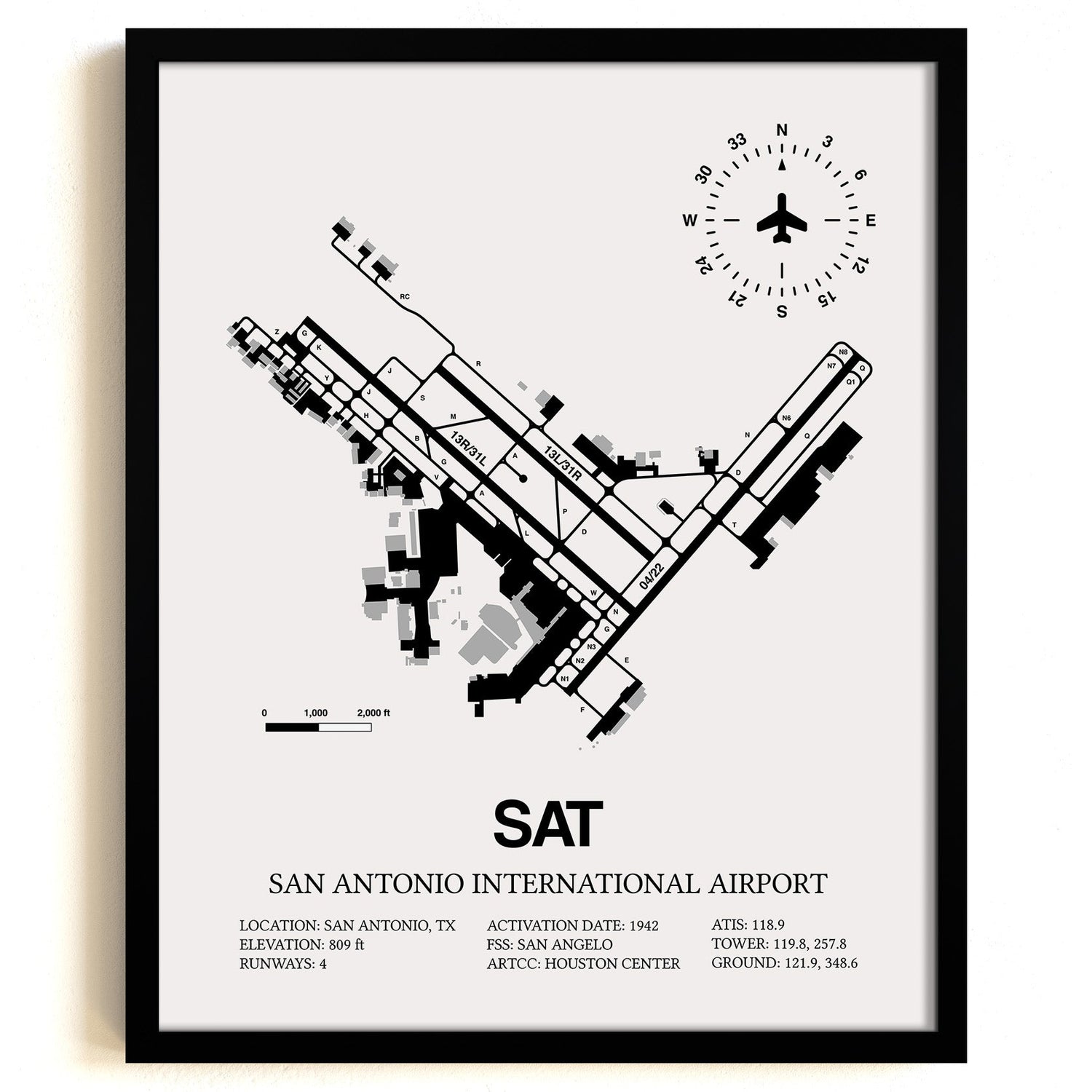 Framed Detailed Airport Map of San Antonio International Airport (SAT) in White with a Black Frame
