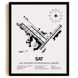 Framed Detailed Airport Map of San Antonio International Airport (SAT) in White with a Black Frame
