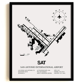 Framed Detailed Airport Map of San Antonio International Airport (SAT) in White with a Black Frame