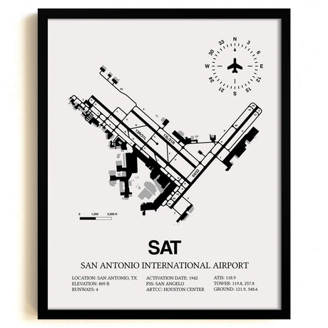 Framed Detailed Airport Map of San Antonio International Airport (SAT) in White with a Black Frame