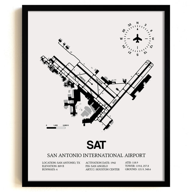 Framed Detailed Airport Map of San Antonio International Airport (SAT) in White with a Black Frame