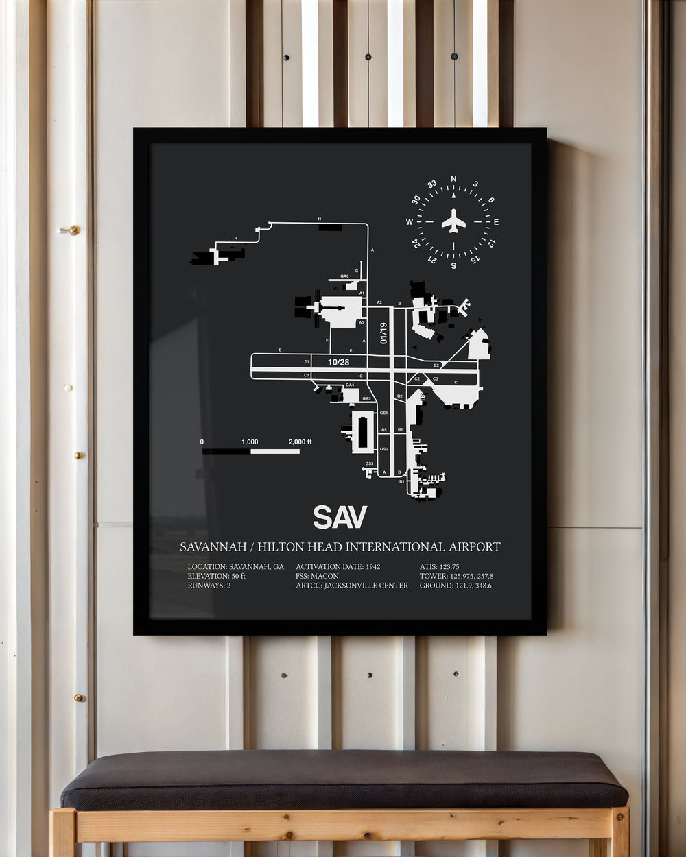 Framed Detailed Airport Map of Savannah/Hilton Head International Airport (SAV) in Gray with a Black Frame