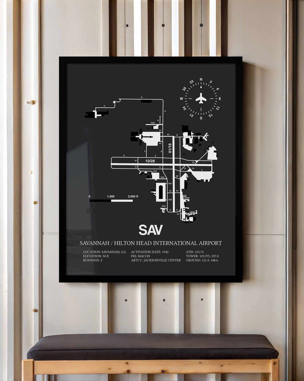 Framed Detailed Airport Map of Savannah/Hilton Head International Airport (SAV) in Gray with a Black Frame