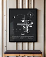 Framed Detailed Airport Map of Savannah/Hilton Head International Airport (SAV) in Gray with a Black Frame