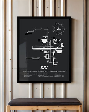 Framed Detailed Airport Map of Savannah/Hilton Head International Airport (SAV) in Gray with a Black Frame