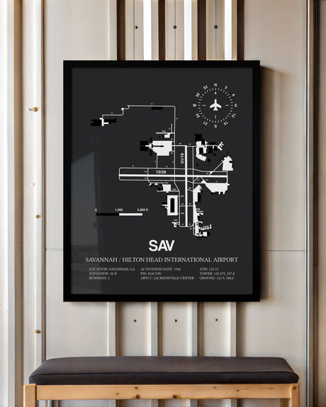 Framed Detailed Airport Map of Savannah/Hilton Head International Airport (SAV) in Gray with a Black Frame