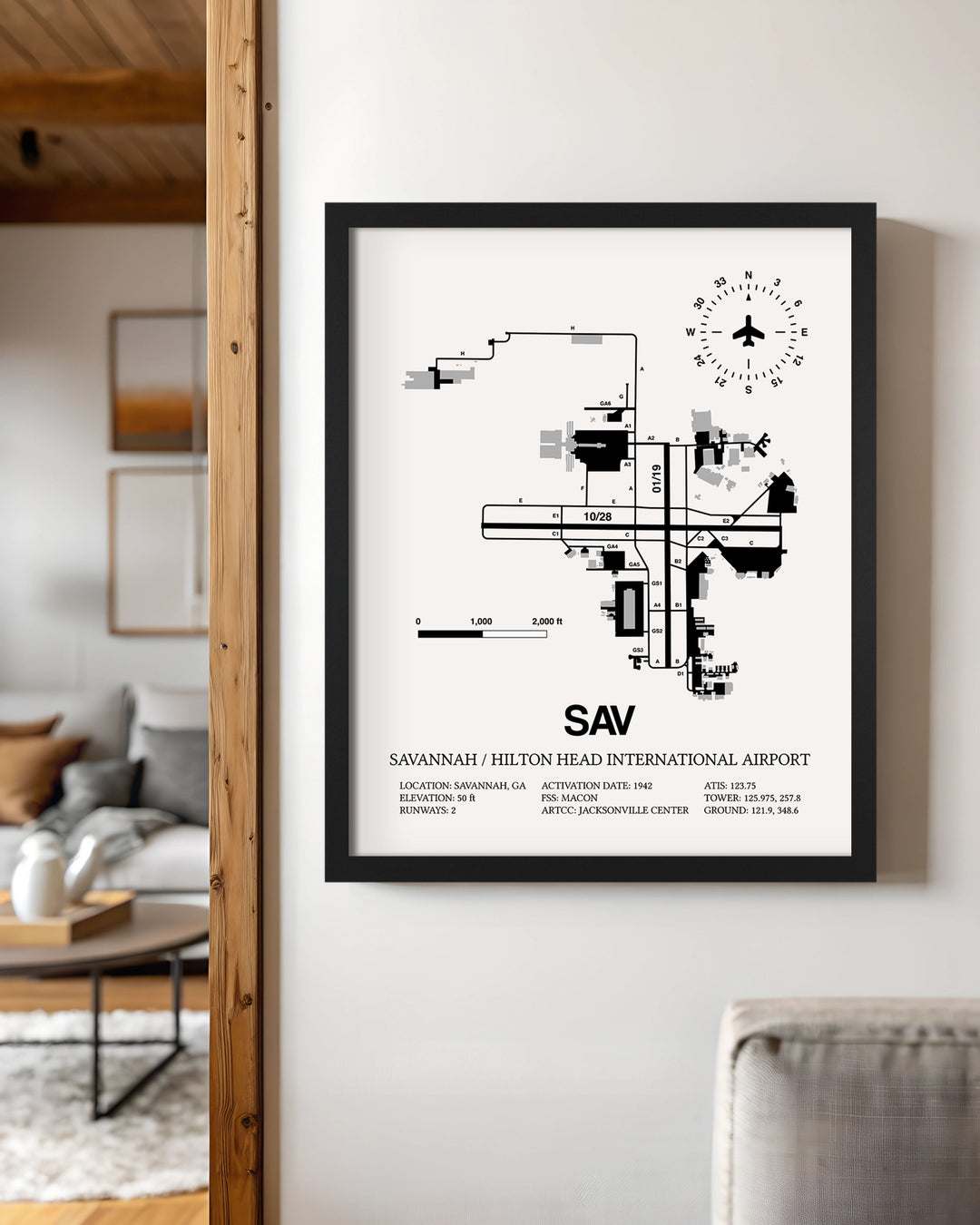 Framed Detailed Airport Map of Savannah/Hilton Head International Airport (SAV) in White with a Black Frame