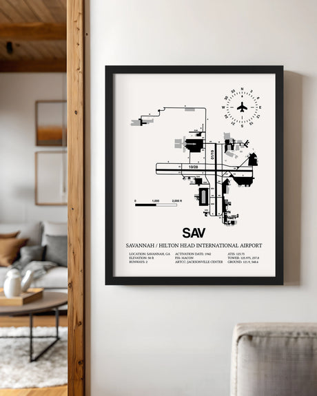 Framed Detailed Airport Map of Savannah/Hilton Head International Airport (SAV) in White with a Black Frame