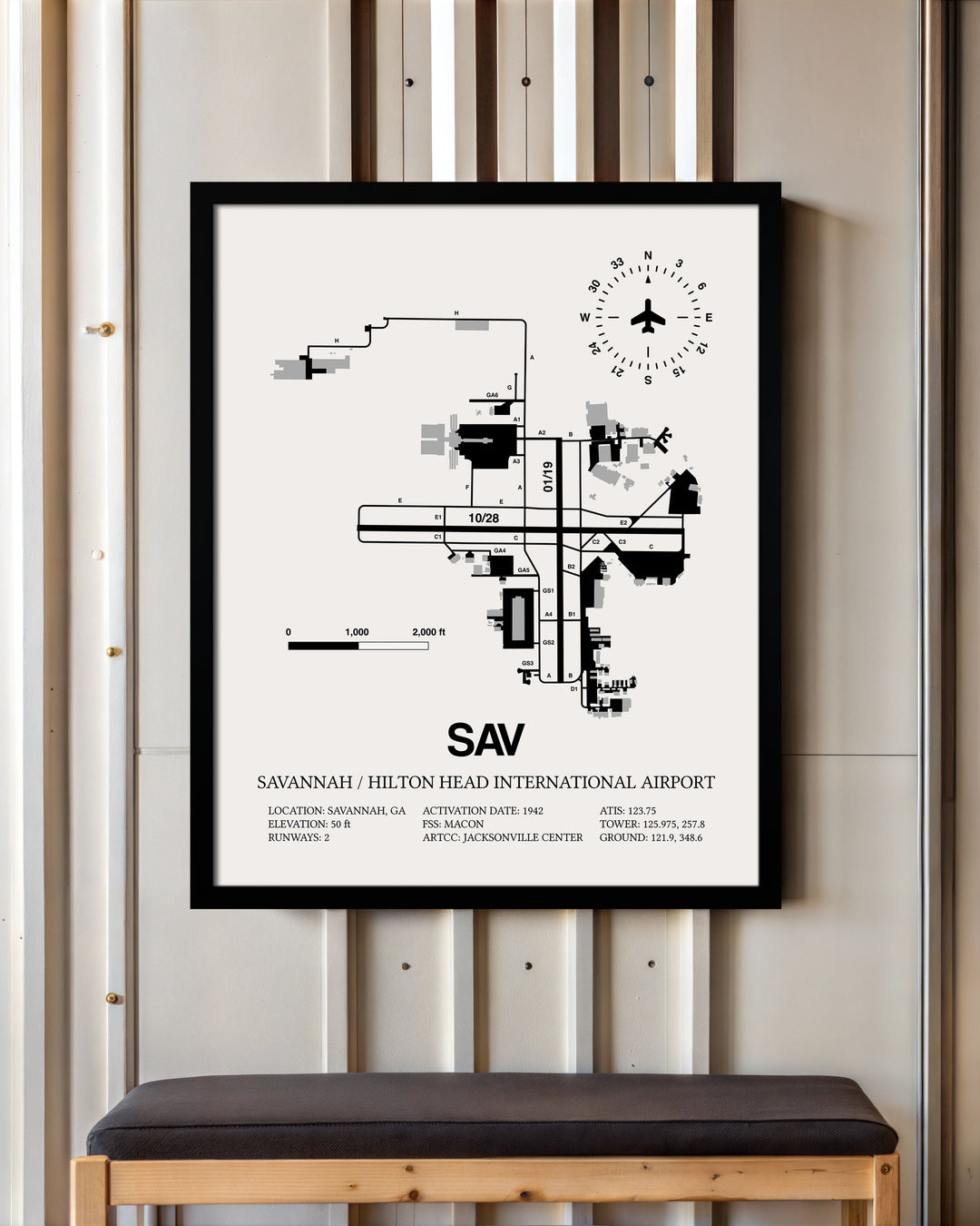 Framed Detailed Airport Map of Savannah/Hilton Head International Airport (SAV) in White with a Black Frame