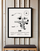 Framed Detailed Airport Map of Savannah/Hilton Head International Airport (SAV) in White with a Black Frame