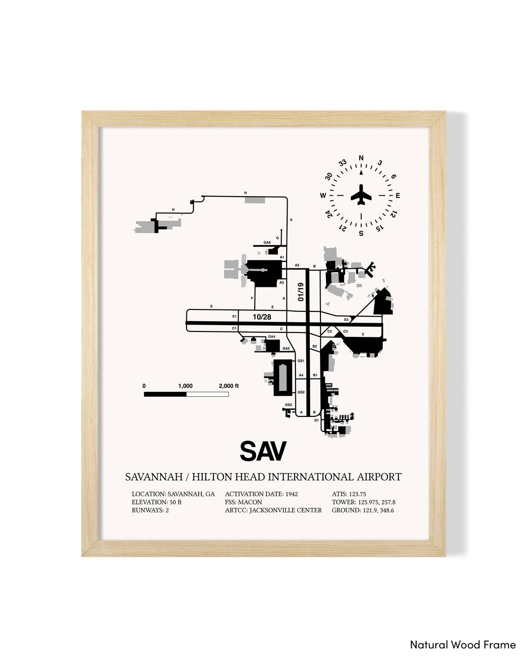 Detailed Airport Map of Savannah/Hilton Head International Airport (SAV) in White with a Natural Frame