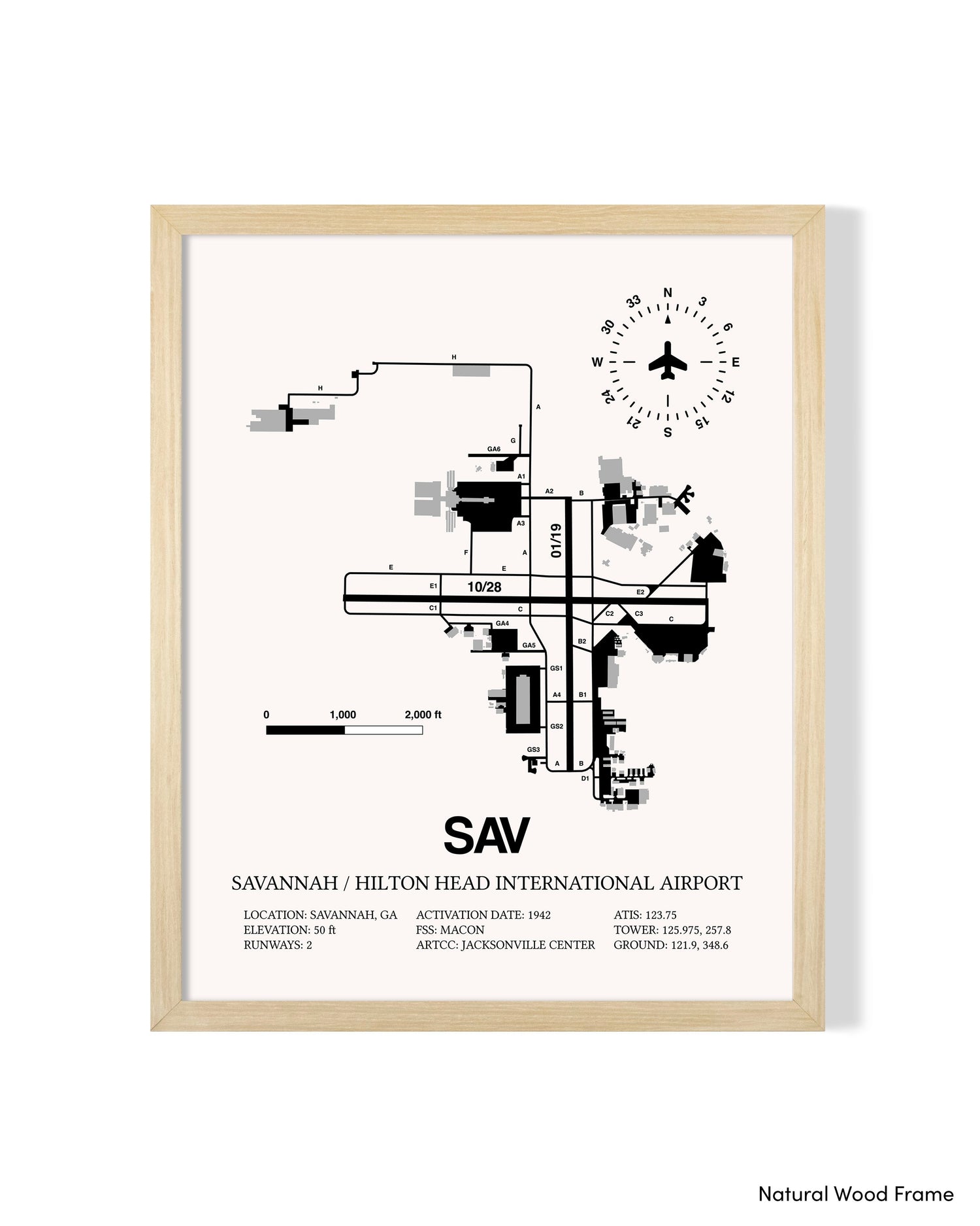 Detailed Airport Map of Savannah/Hilton Head International Airport (SAV) in White with a Natural Frame