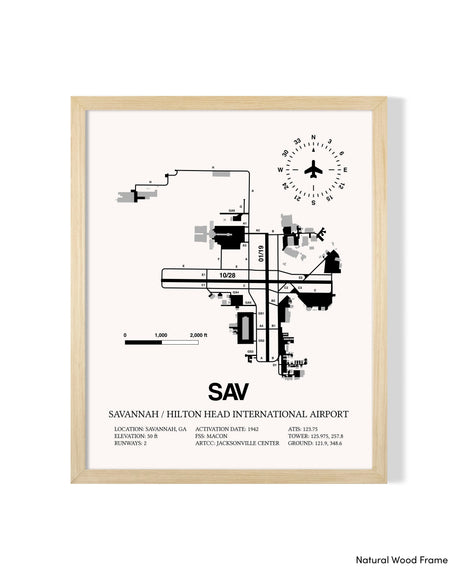 Detailed Airport Map of Savannah/Hilton Head International Airport (SAV) in White with a Natural Frame