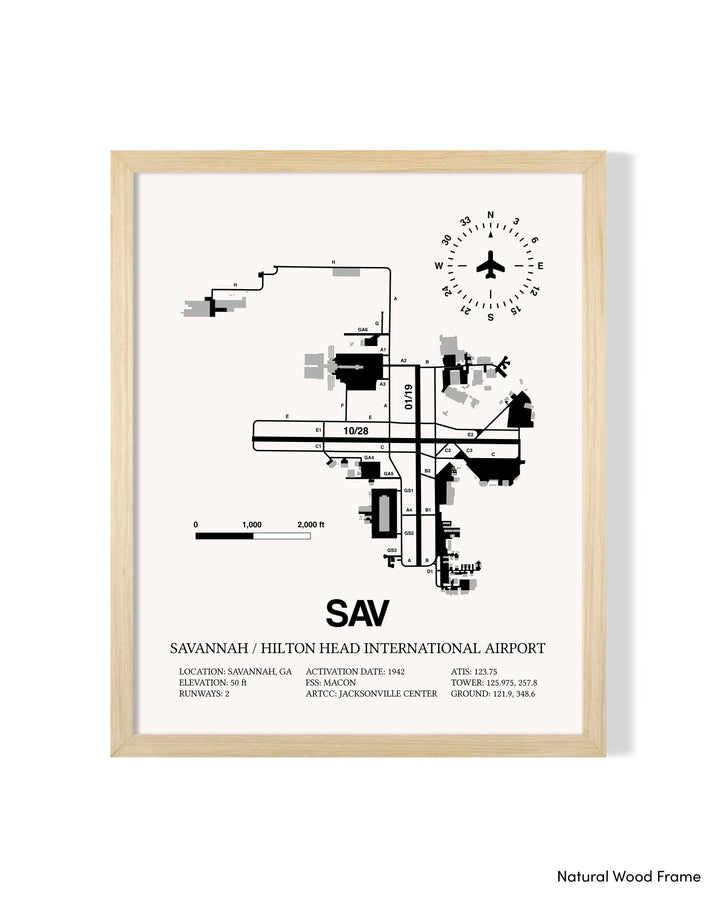 Detailed Airport Map of Savannah/Hilton Head International Airport (SAV) in White with a Natural Frame
