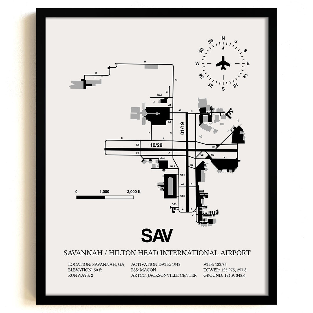 Framed Detailed Airport Map of Savannah/Hilton Head International Airport (SAV) in White with a Black Frame