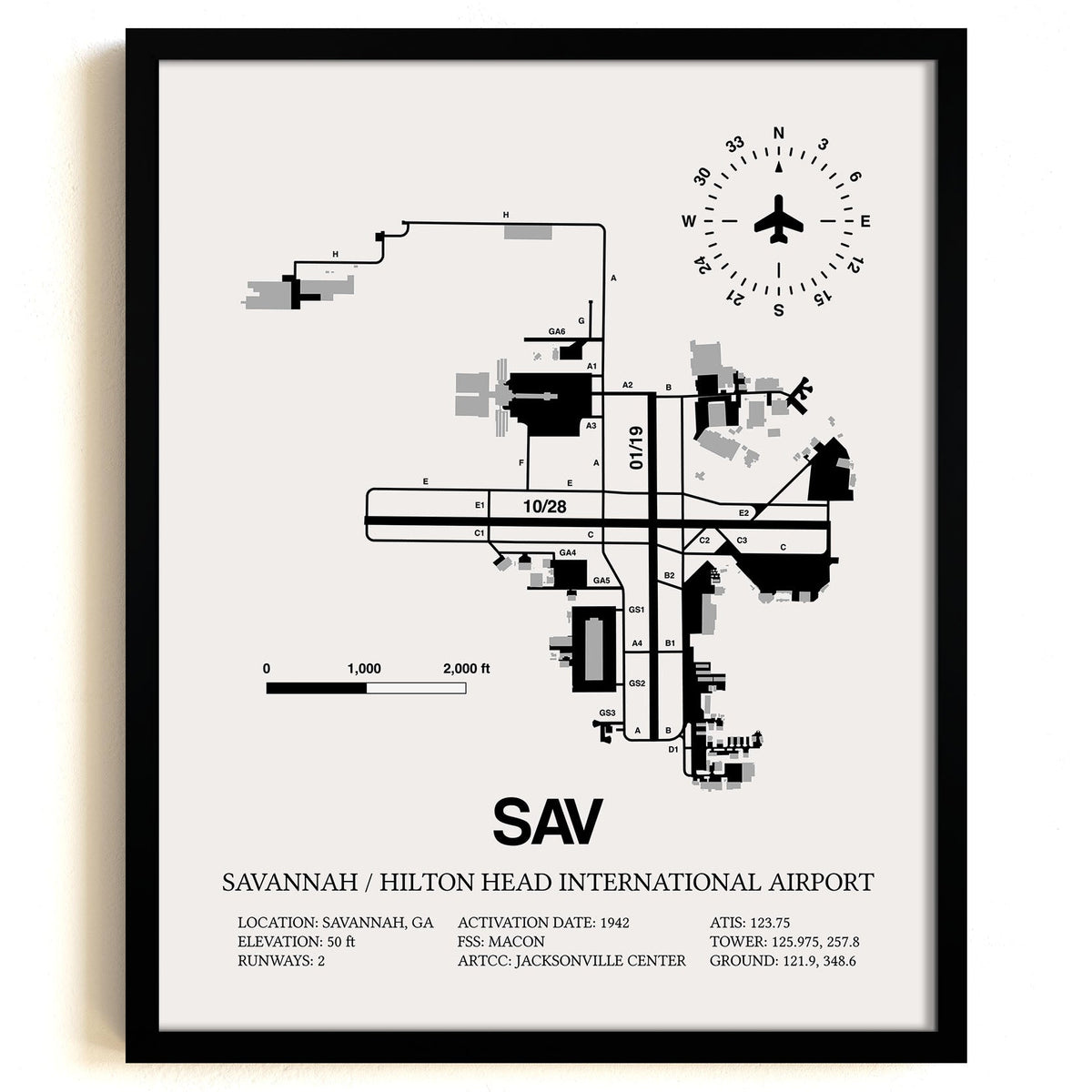 Framed Detailed Airport Map of Savannah/Hilton Head International Airport (SAV) in White with a Black Frame