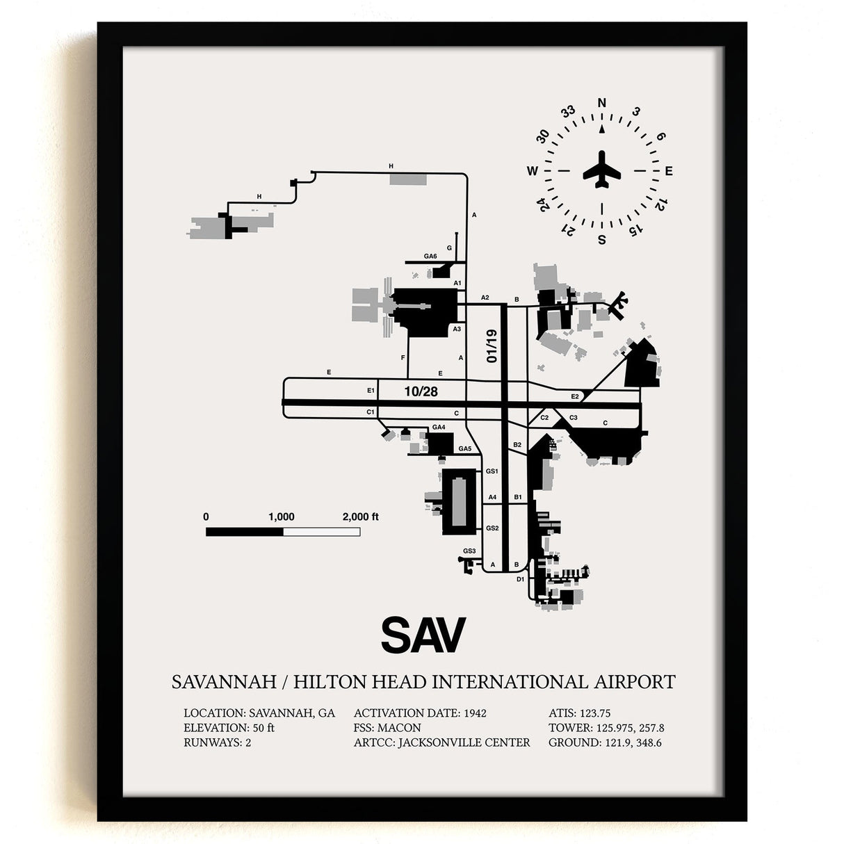 Framed Detailed Airport Map of Savannah/Hilton Head International Airport (SAV) in White with a Black Frame