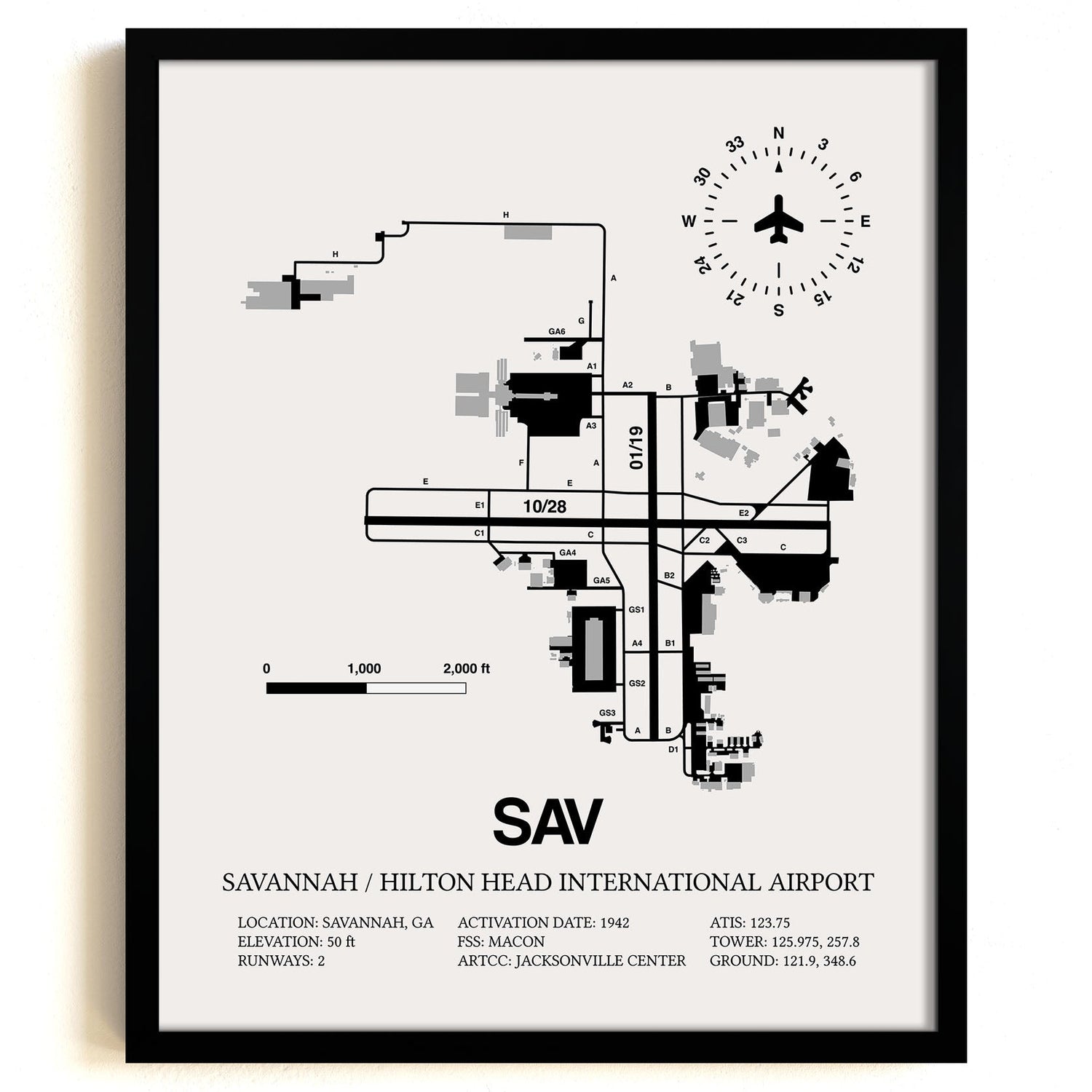 Framed Detailed Airport Map of Savannah/Hilton Head International Airport (SAV) in White with a Black Frame