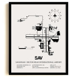 Framed Detailed Airport Map of Savannah/Hilton Head International Airport (SAV) in White with a Black Frame