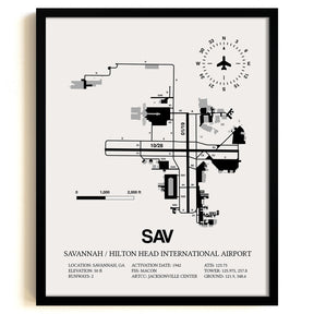 Framed Detailed Airport Map of Savannah/Hilton Head International Airport (SAV) in White with a Black Frame
