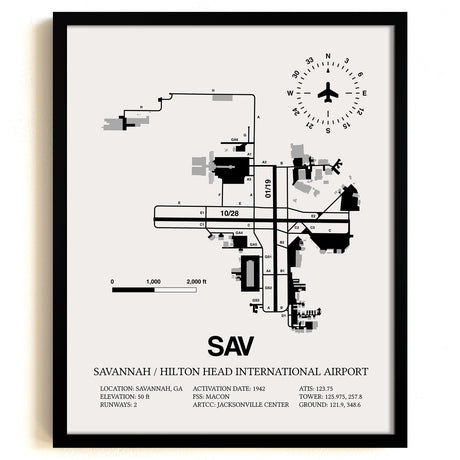 Framed Detailed Airport Map of Savannah/Hilton Head International Airport (SAV) in White with a Black Frame