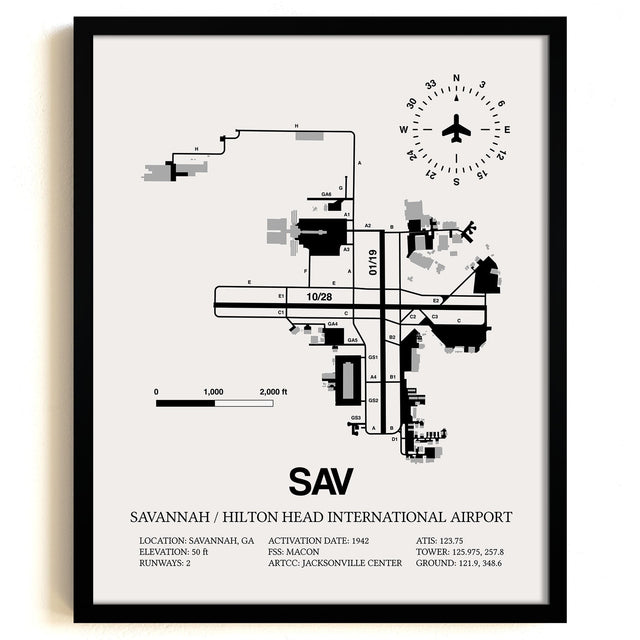 Framed Detailed Airport Map of Savannah/Hilton Head International Airport (SAV) in White with a Black Frame