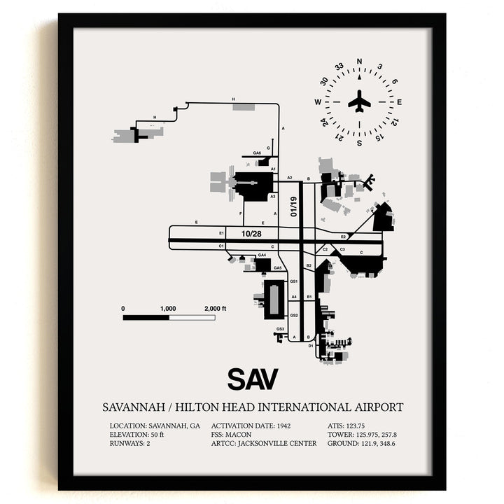 Framed Detailed Airport Map of Savannah/Hilton Head International Airport (SAV) in White with a Black Frame