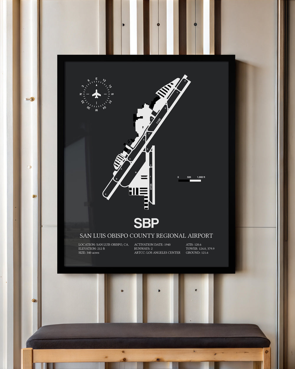 Framed Detailed Airport Map of San Luis County Regional Airport (SBP) in Gray with a Black Frame
