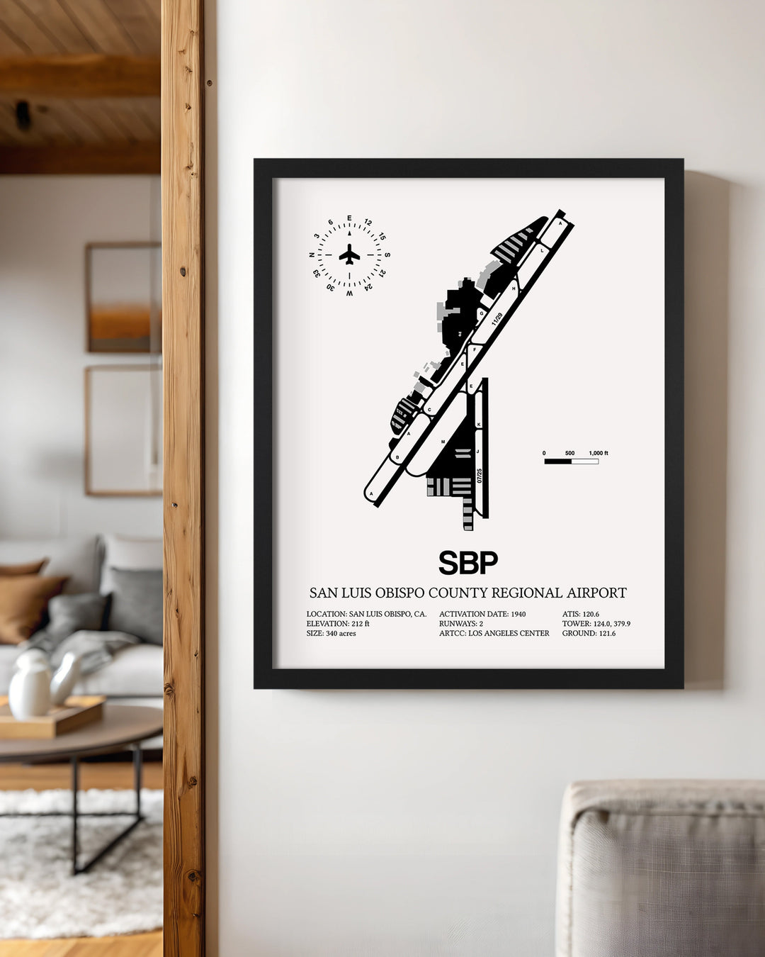 Framed Detailed Airport Map of San Luis County Regional Airport (SBP) in White with a Black Frame