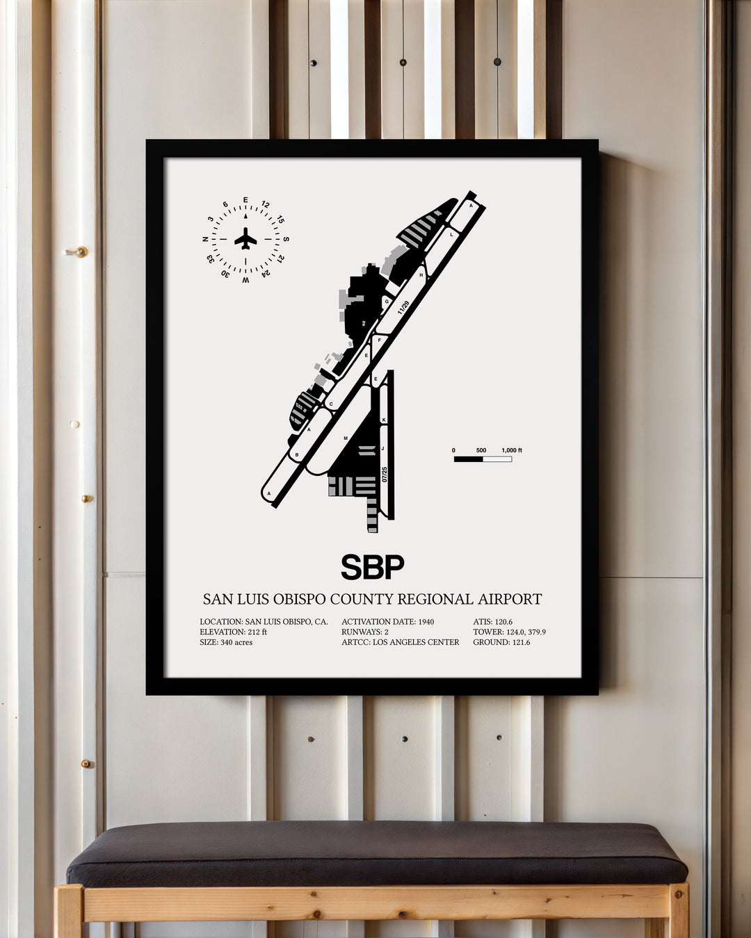 Framed Detailed Airport Map of San Luis County Regional Airport (SBP) in White with a Black Frame