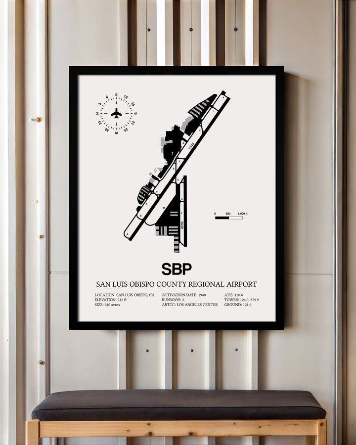 Framed Detailed Airport Map of San Luis County Regional Airport (SBP) in White with a Black Frame
