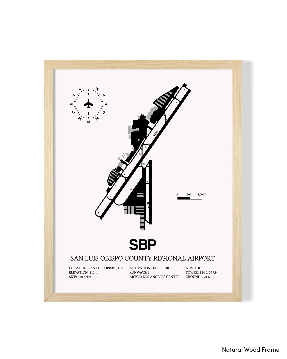 Detailed Airport Map of San Luis County Regional Airport (SBP) in White with a Natural Frame