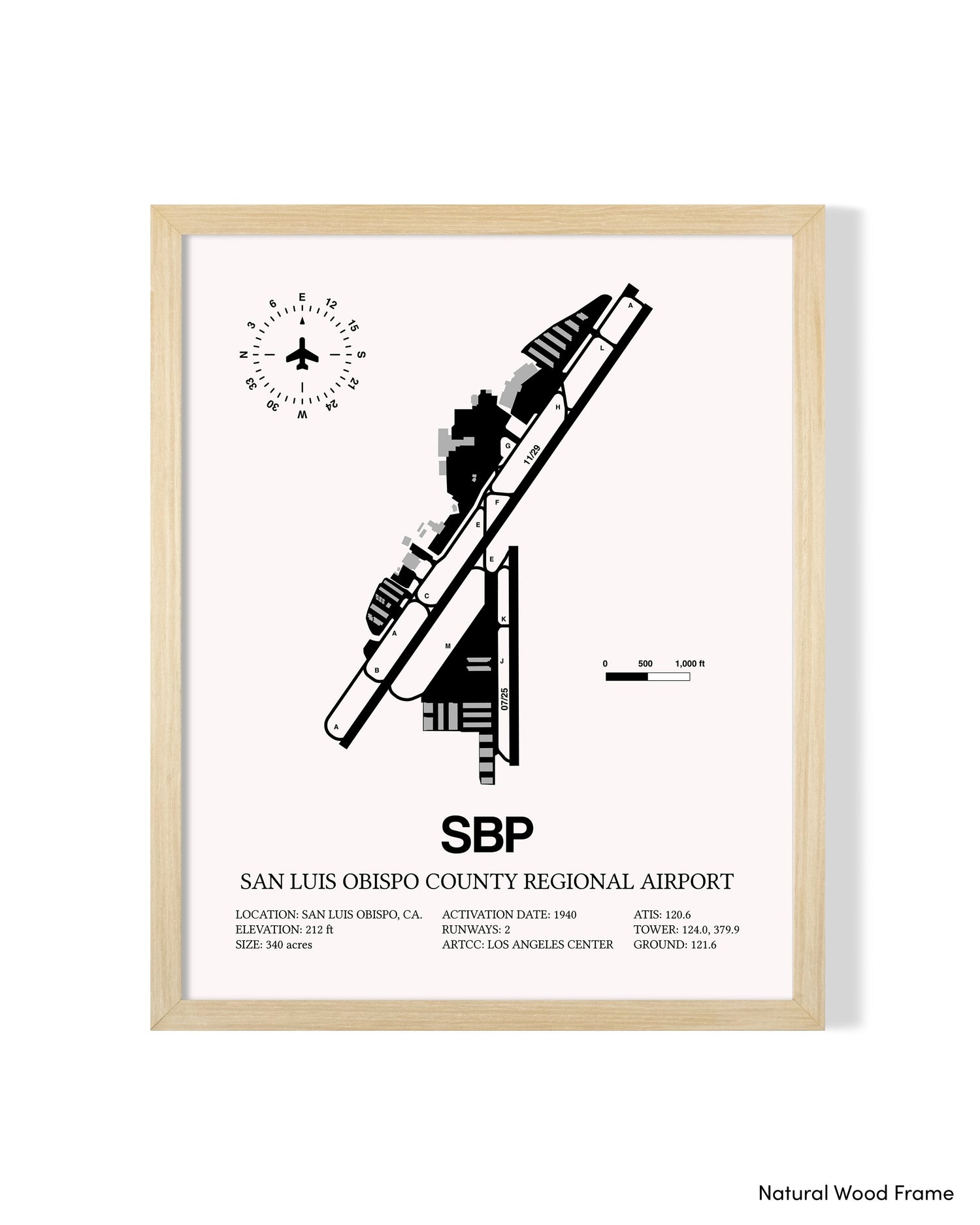 Detailed Airport Map of San Luis County Regional Airport (SBP) in White with a Natural Frame