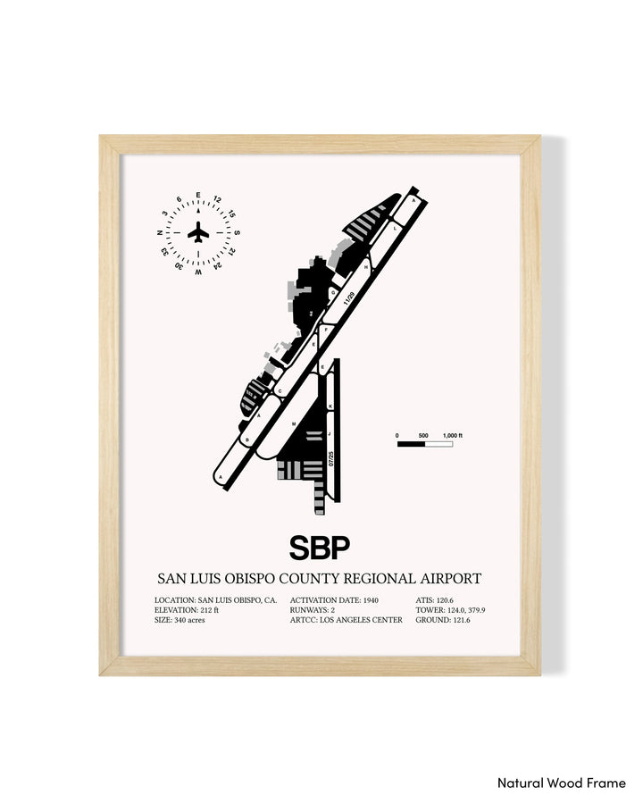Detailed Airport Map of San Luis County Regional Airport (SBP) in White with a Natural Frame