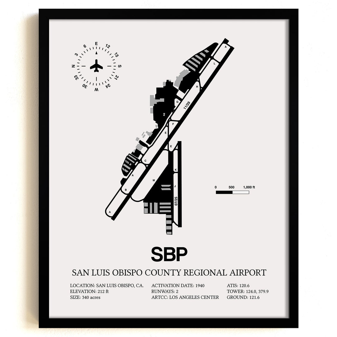 Framed Detailed Airport Map of San Luis County Regional Airport (SBP) in White with a Black Frame