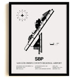 Framed Detailed Airport Map of San Luis County Regional Airport (SBP) in White with a Black Frame