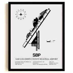 Framed Detailed Airport Map of San Luis County Regional Airport (SBP) in White with a Black Frame