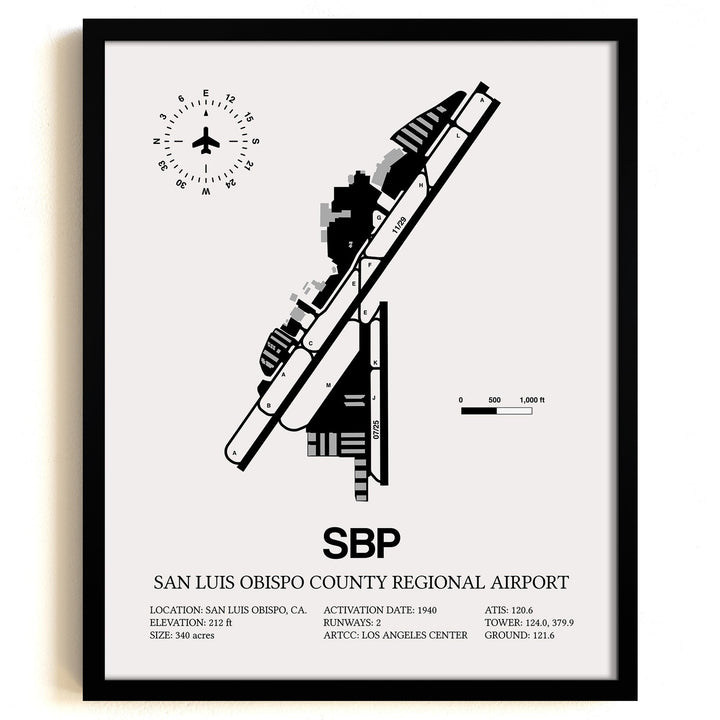 Framed Detailed Airport Map of San Luis County Regional Airport (SBP) in White with a Black Frame